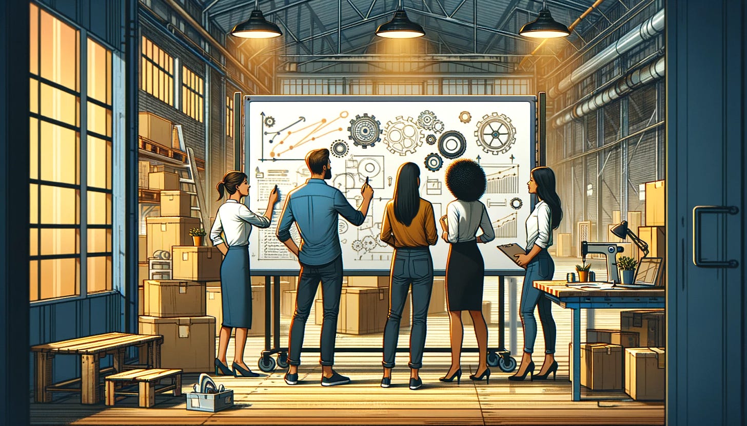 A revised illustration of two women and one man standing around a whiteboard in a warehouse, working on a new invention. The scene emphasizes diversity and collaboration in innovation. The two women and the man are actively engaged in discussing the content on the whiteboard, which is filled with diagrams and notes, symbolizing the brainstorming and planning of their invention. The warehouse setting provides an industrial and practical backdrop, highlighting a space where creative ideas come to life. The illustration uses warm, slightly desaturated tones to create an atmosphere of focused and inclusive teamwork. This 16:9 aspect ratio composition portrays a modern and dynamic process of invention with a diverse team.