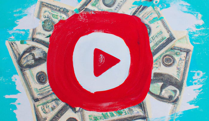 Digital art of the YouTube play button over American cash on a light blue background.