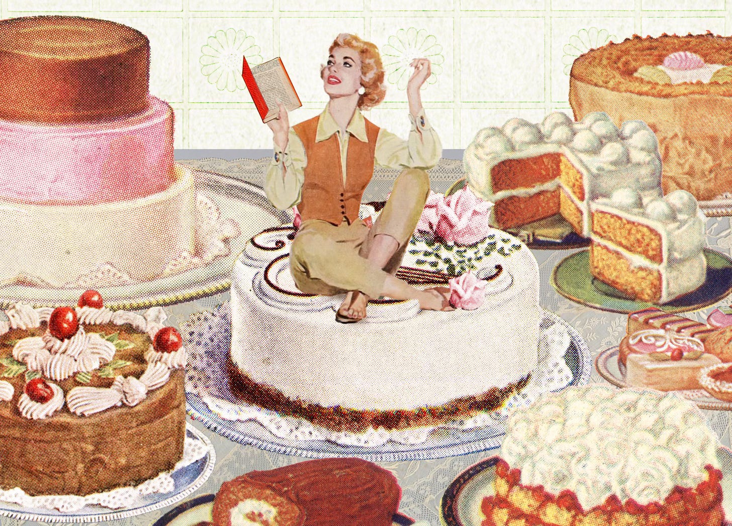 A collage of vintage illustrations in the style of 1970s advertisements. Several large cakes of varying sizes and types fill the image. In the center, on top of a white single-layer cake decorated with pink roses, a woman sits cross-legged in khaki capris, sandals, a cream collared blouse and orange vest. Her hair is blond and cut short and curls around her face. She looks relaxed and happy, her head tilted back with a smile and an open book in her hand.