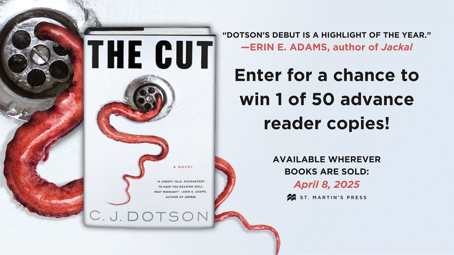 an image promoting the giveaway for THE CUT on goodreads, including a picture of the book with its white cover and fleshy red tentacle squiggling out of a bathtub drain