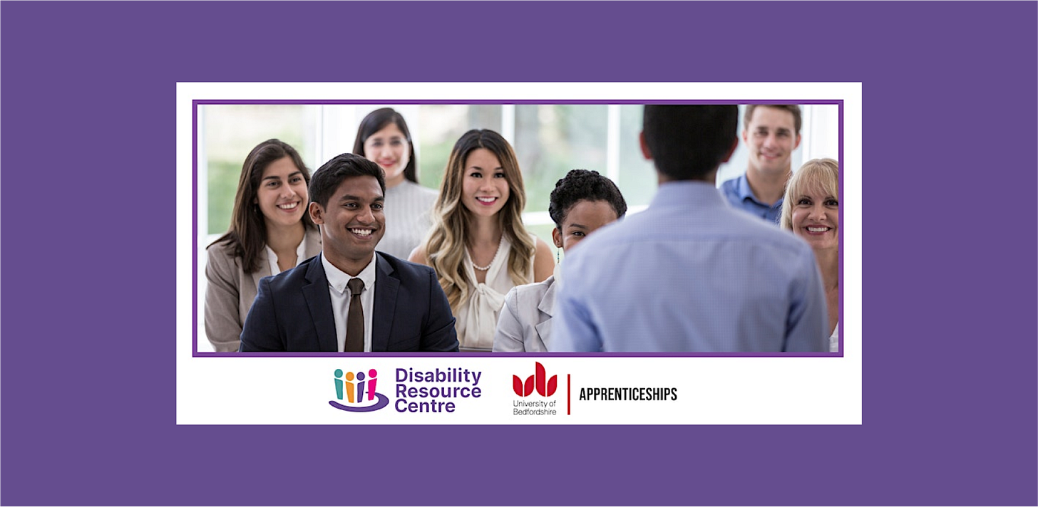 Smiling people at a workshop event and The Disability Resource Centre and University of Bedfordshire logos