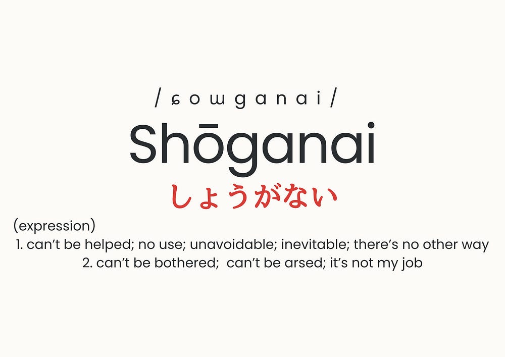 Shōganai — (expression) 1. can’t be helped; no use; unavoidable; inevitable; there’s no other way 2. can’t be bothered; can’t be arsed; it’s not my job