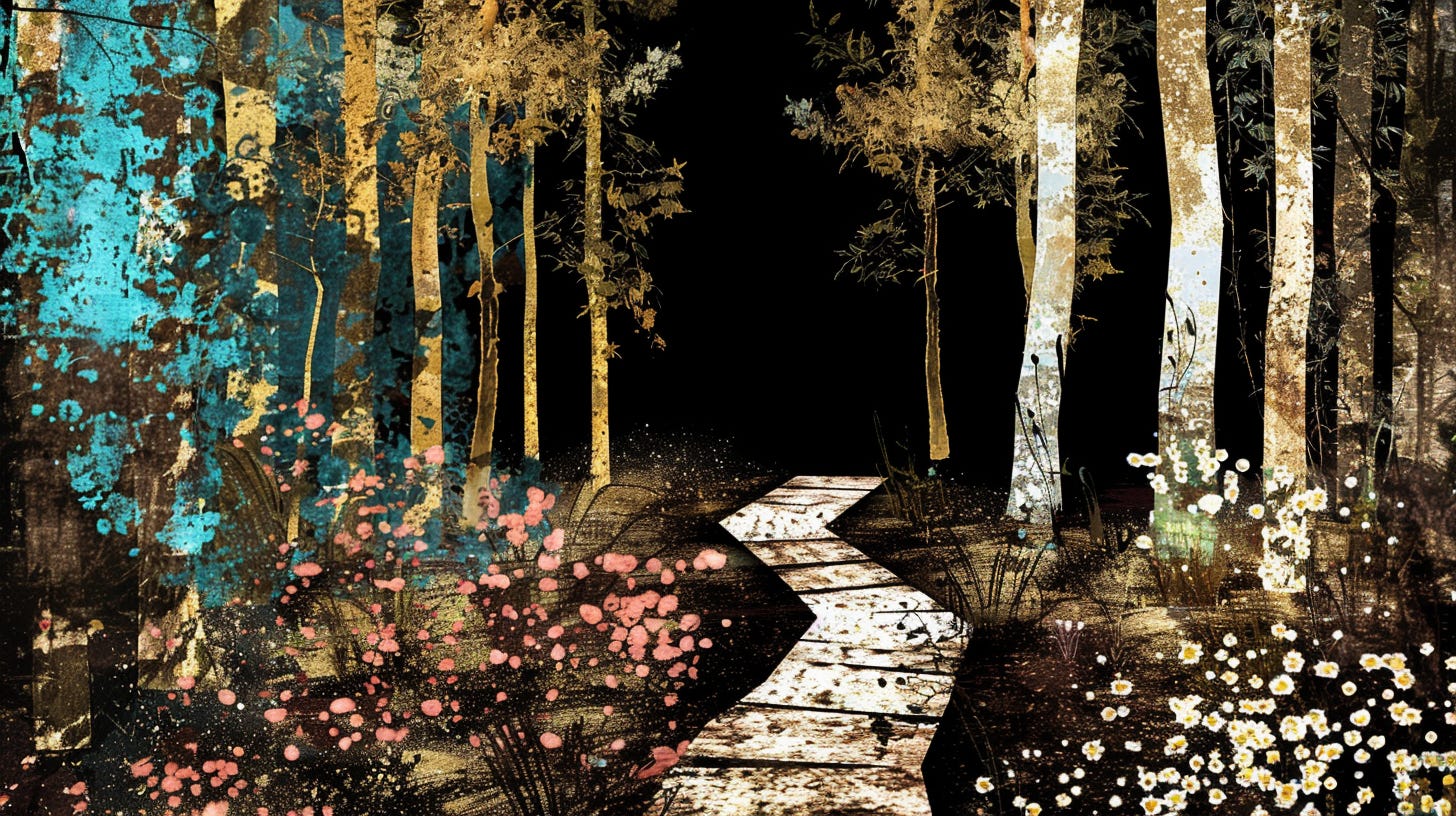 A dream-like representation of a forest. Trees with trunks in varying shades of gold, teal, and white, set against a deep black background. A winding pathway, fragmented and almost surreal, leads into the darkness. The surrounding ground and air have vibrant splashes of colour, along with tiny speckles and luminescent particles.