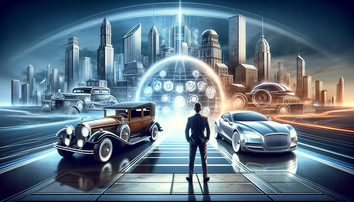 Visualize a luxurious scene that symbolizes the transition of high-net-worth individuals from traditional investments to innovative, digital real estate. In the foreground, depict a classic, vintage car on the left, exuding elegance and tradition, and a high-tech electric vehicle on the right, representing modernity and innovation. Between these cars, illustrate an affluent individual, making a decision, looking contemplatively at both vehicles. Behind this, showcase a dynamic cityscape transitioning from classic architecture to futuristic buildings. These buildings represent real estate and are embedded with digital screens and interactive interfaces, symbolizing the fluidity, transparency, and adaptability of digital real estate investments. The scene should convey a sense of luxury, innovation, and the excitement of embracing a future where real estate and investments are transformed by technology.