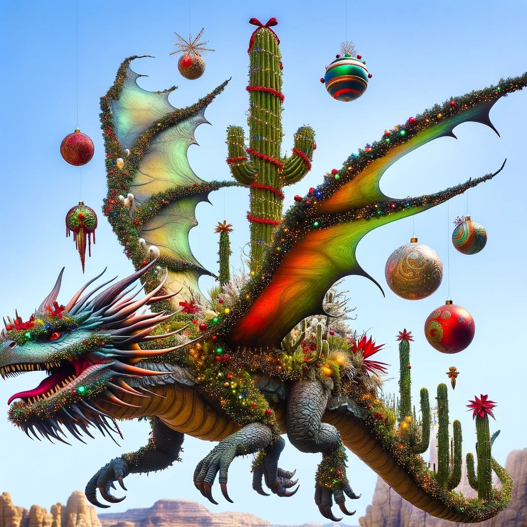 "The magnificent water dragon soaring through the sky with a desert ecosystem on its back, now enhanced with a holiday theme. The desert's cacti are festively decorated with Christmas lights, tinsel, and colorful ornaments. The decorations sparkle and shimmer, adding a cheerful and whimsical touch to the desert landscape on the dragon's back. This scene combines the majesty of the flying water dragon with the joyous spirit of Christmas in a unique and imaginative way."