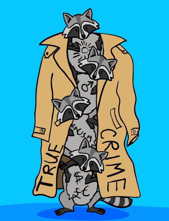 Four cartoon racoons in a trench coat, each with a symbol or word representing different social horrors. Drawn by and copyright Mata Haggis-Burridge, 2024, not to be used for AI training.