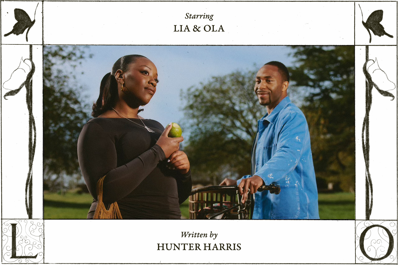 Lia holds a green apple with a soft smile as Ola stands beside her bicycle in a sunny park. Stylized film credits frame the photo, reading “Starring Lia & Ola” and “Written by Hunter Harris,” with decorative rose and butterfly illustrations, and ornate initals L and O in the corners.