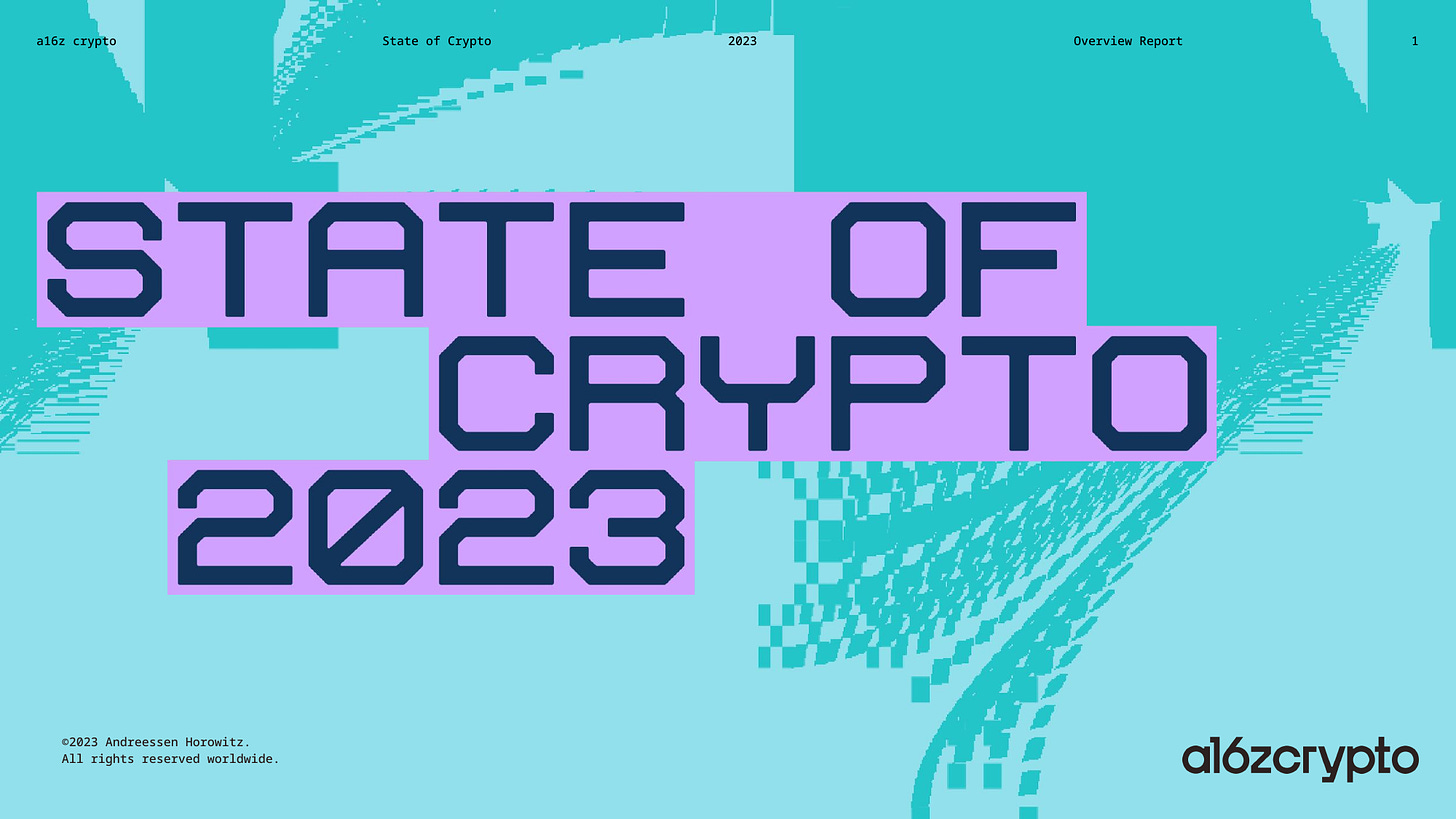 Title slide for the report. It reads "State of Crypto 2023" in blocky capital letters on a light purple background. The slide background is abstract pixelated turquoise shapes.