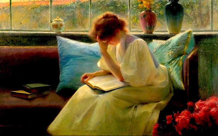 A painting by Dvorak which shows a woman in what I imagine are Victorian or Edwardian clothes sitting on a couch reading a book with her head in one hand