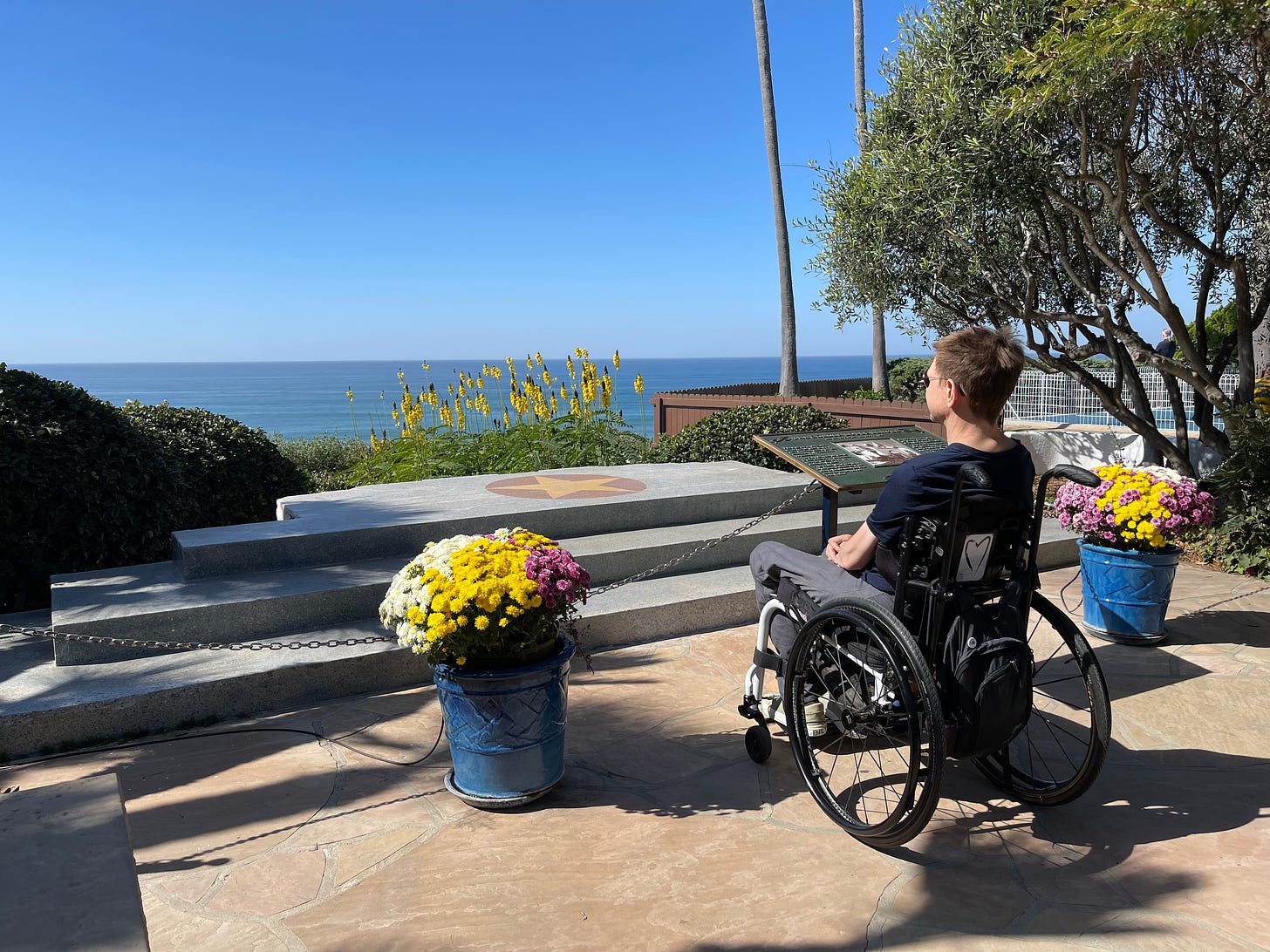 Kabir, in his wheelchair, Peering over the bluff to the ocean, next to the memorial plaque in the Self-Realization meditation gardens in Encinitas California.