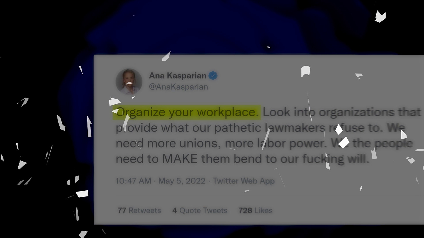 Ana Kasparian tweet with "organize your workplace" highlighted in yellow on a blue background with various shattered bits scattered about
