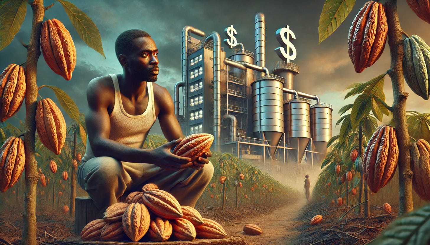 A semi-realistic scene of a Ghanaian cocoa farmer crouched in the foreground with cocoa pods, looking concerned. The farmer is wearing simple, slightly worn work clothing and examining the pods with a thoughtful yet weary expression. In the background, a towering, modern cocoa processing plant looms in cool metallic tones, symbolizing industrial advantage. The factory is sleek, well-maintained, and subtly surrounded by financial symbols like floating dollar signs, indicating economic benefits. The lighting contrasts—warm earthy tones highlighting the farmer and cocoa pods, while the factory is cast in a cooler, corporate-like ambiance. The sky is slightly dramatic, with soft clouds hinting at an imbalance. Photorealistic, cinematic lighting, hyper-detailed.