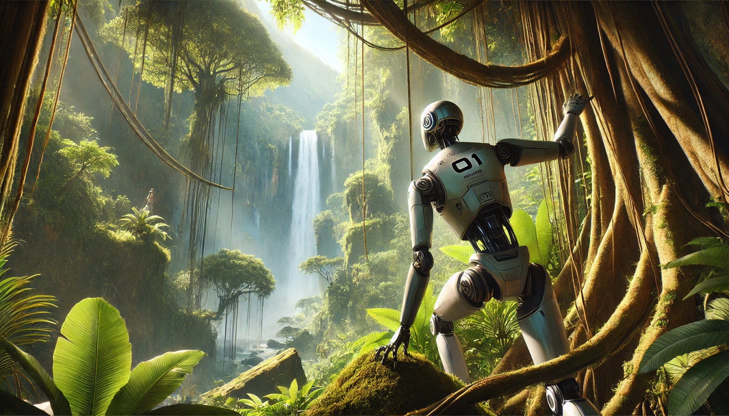 A robot explorer in a dense jungle, pushing aside thick, hanging vines to uncover a stunning new vista. The robot, with sleek metallic limbs and a simple shirt marked 'o1', gazes ahead in curiosity. Beyond the vines lies a hidden landscape with a majestic waterfall cascading down rocky cliffs, surrounded by vibrant tropical vegetation. Sunlight streams through the gaps in the canopy, illuminating the scene with soft, warm rays. The robot's pose reflects a sense of adventure and discovery, perfectly blending nature and technology in a moment of exploration.