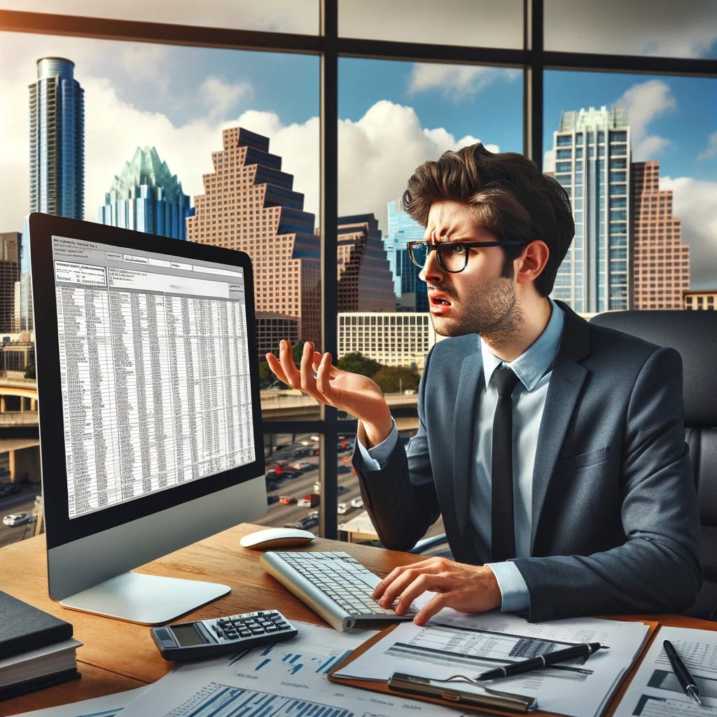 Create an image of a confused accountant sitting at his computer in a high-rise office, with the city of Austin in the background. The accountant is male, wearing business attire, and has a look of puzzlement on his face as he stares at the computer screen, trying to make sense of the data in front of him. His office is modern, with large windows offering a panoramic view of Austin's skyline, featuring recognizable landmarks like the Frost Bank Tower. The scene captures a moment of professional challenge, highlighting the complexities of his work against the backdrop of a vibrant city. The lighting is bright, suggesting it's midday, with the sun casting light on the city and the office interior.