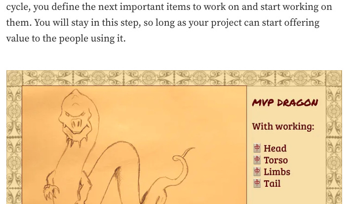 Screenshot from a blogpost containing text that says to work on more than one iterations and having an image of an MVP dragon