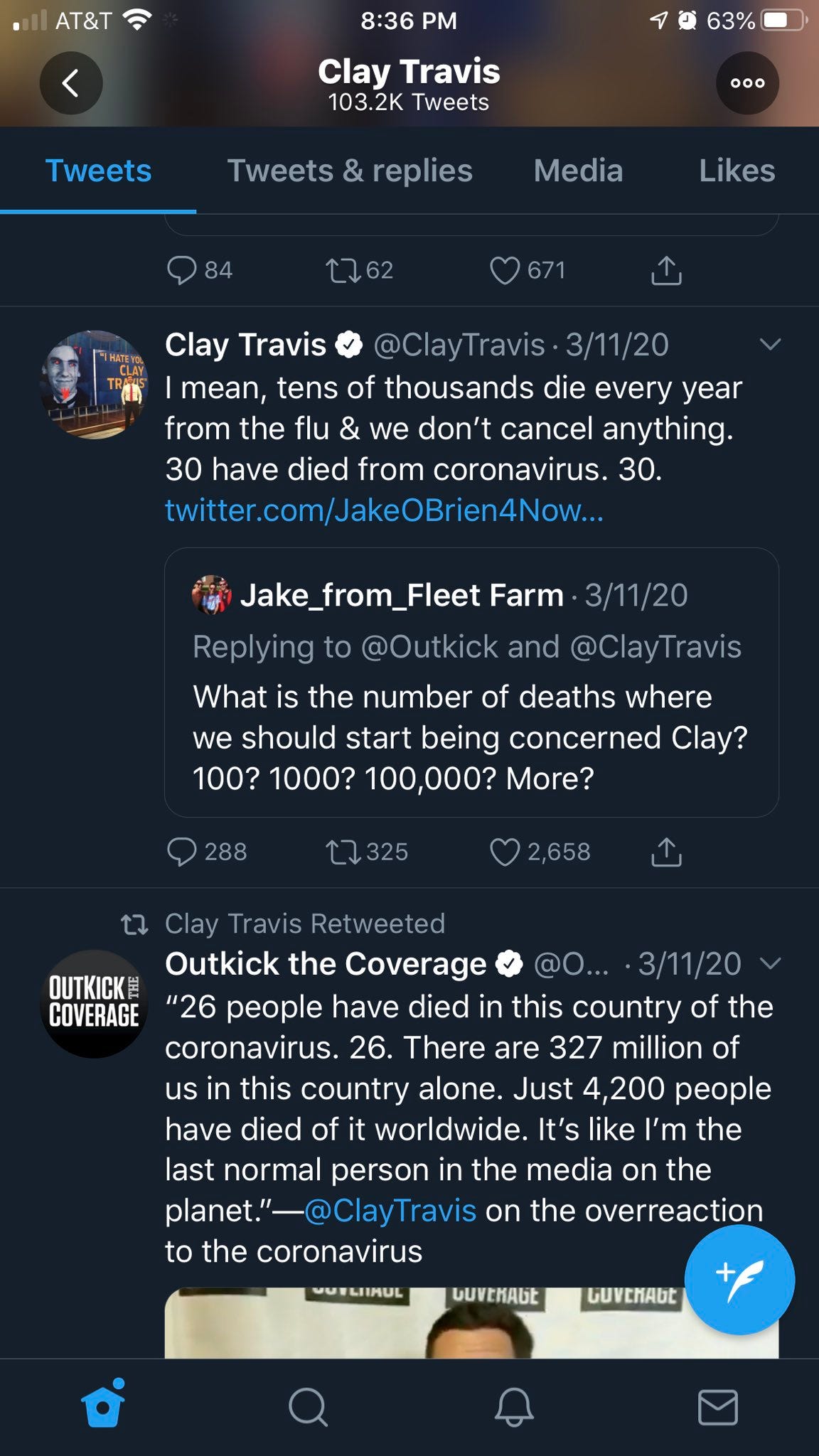 Clay Travis on Twitter: "@jimmy12985 16 days ago coronavirus bros were  Tweeting me millions of people were going to die. If we pass yearly average  flu deaths this spring, I'll reconsider my
