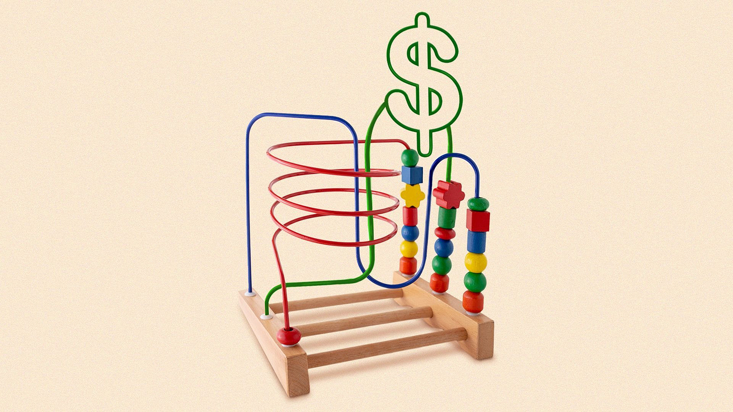 Illustration of a wooden bead and wire child's play set with a dollar sign created from the twisting wire 