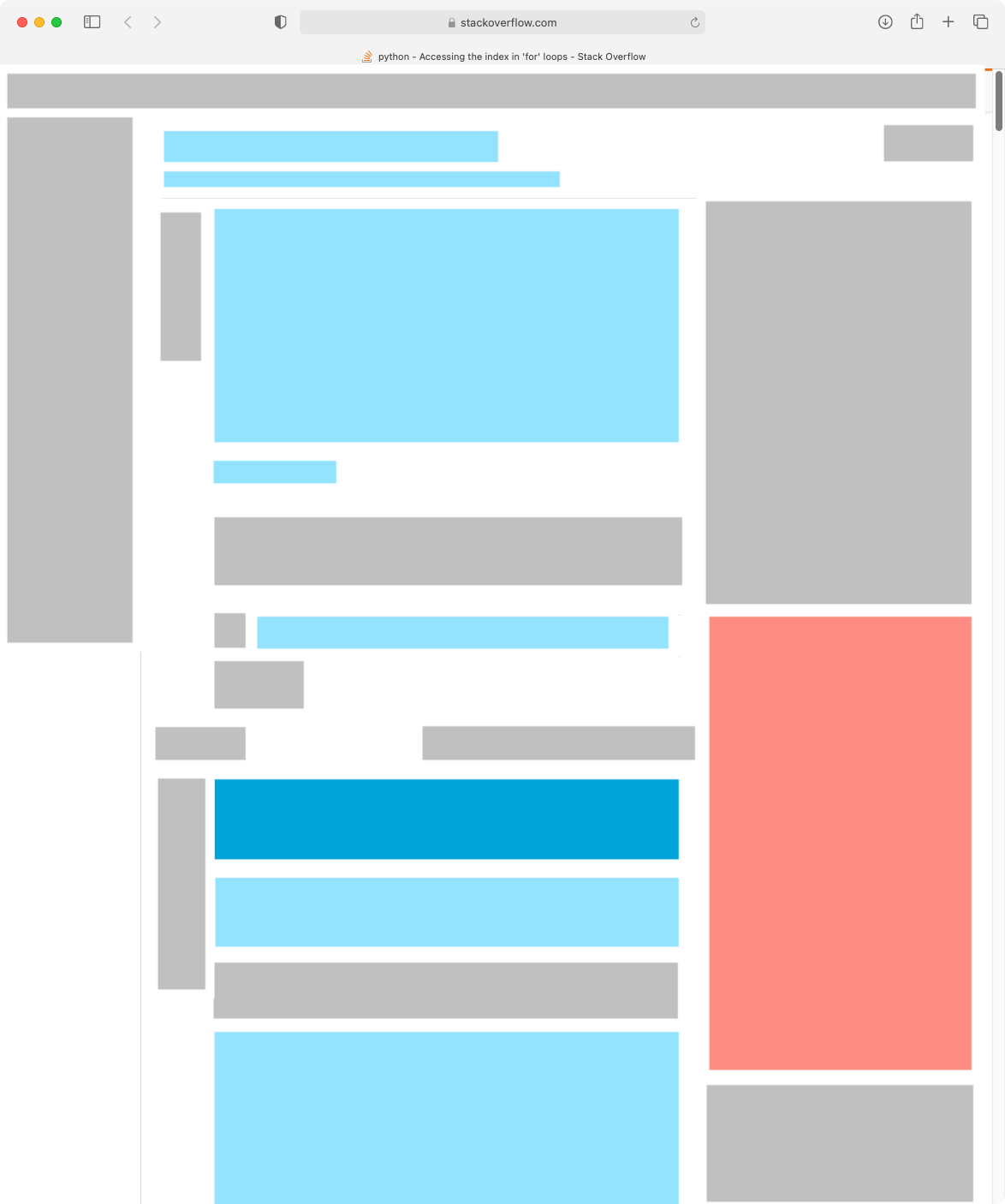 A small rectangle near the middle is dark blue. About a third of the elements are light blue. About half are gray. There is one pink rectangle on the right.