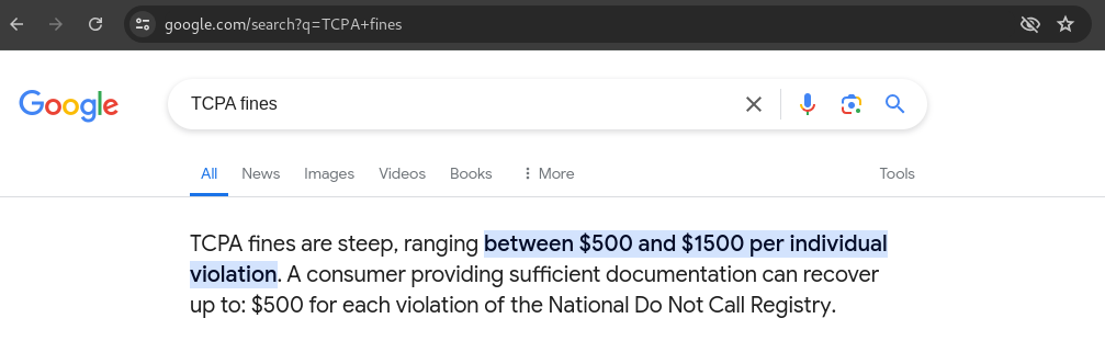 Figure 3. Google search results showing the fine per made call violating the TCPA act.