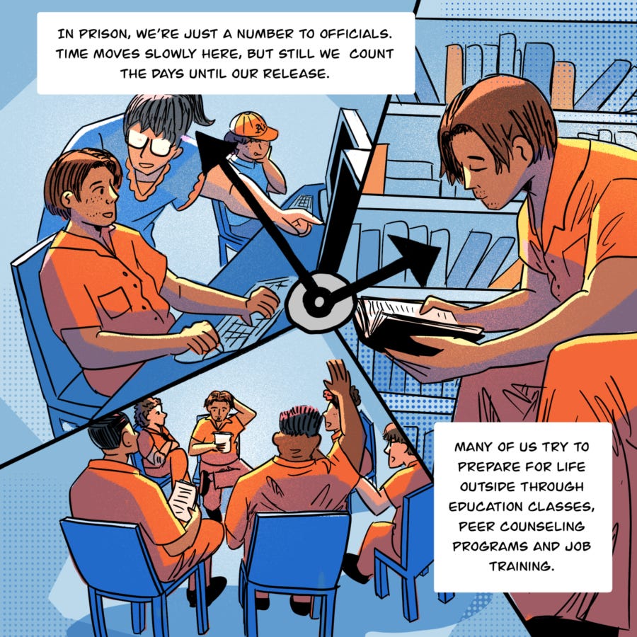 An illustration is split up into different panels. In the center, connecting the panels are clock hands. Each section shows people doing different things: Reading a book, talking with others while seated in a circle, sitting at a computer with hands on the keyboard and mouse as someone leans over them. Text in boxes reads, " In prison, we’re just a number to officials. Time moves slowly here, but still we  count the days until our release. Many of us try to prepare for life outside through education classes, peer counseling programs and job training."