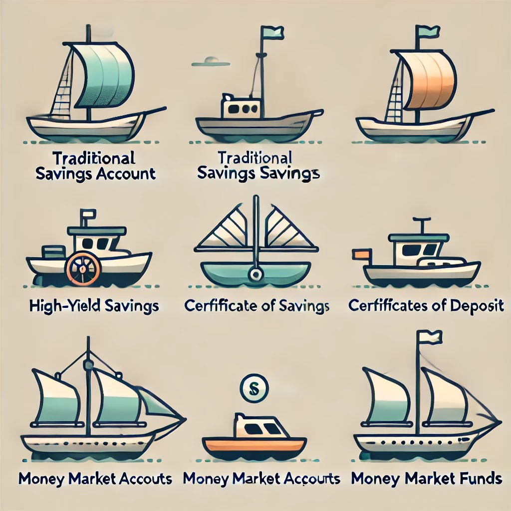 A simple and professional illustration depicting various financial saving vehicles, like boats on a journey. Each boat represents a different type of savings account: traditional savings account (a small, secure boat), high-yield savings (a slightly larger boat), certificates of deposit (a sturdy, anchored ship), money market accounts (a hybrid sailboat with a motor), and money market funds (a sleek, modern boat). The boats are sailing on a calm sea, symbolizing financial stability. Use soft, neutral colors to keep the design informative and subtle.