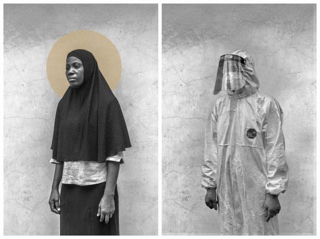 Two black and white photos of the same woman.  In one, she's wearing a headscarf and normal street clothes.  In the other, she's wearing a biohazard suit.