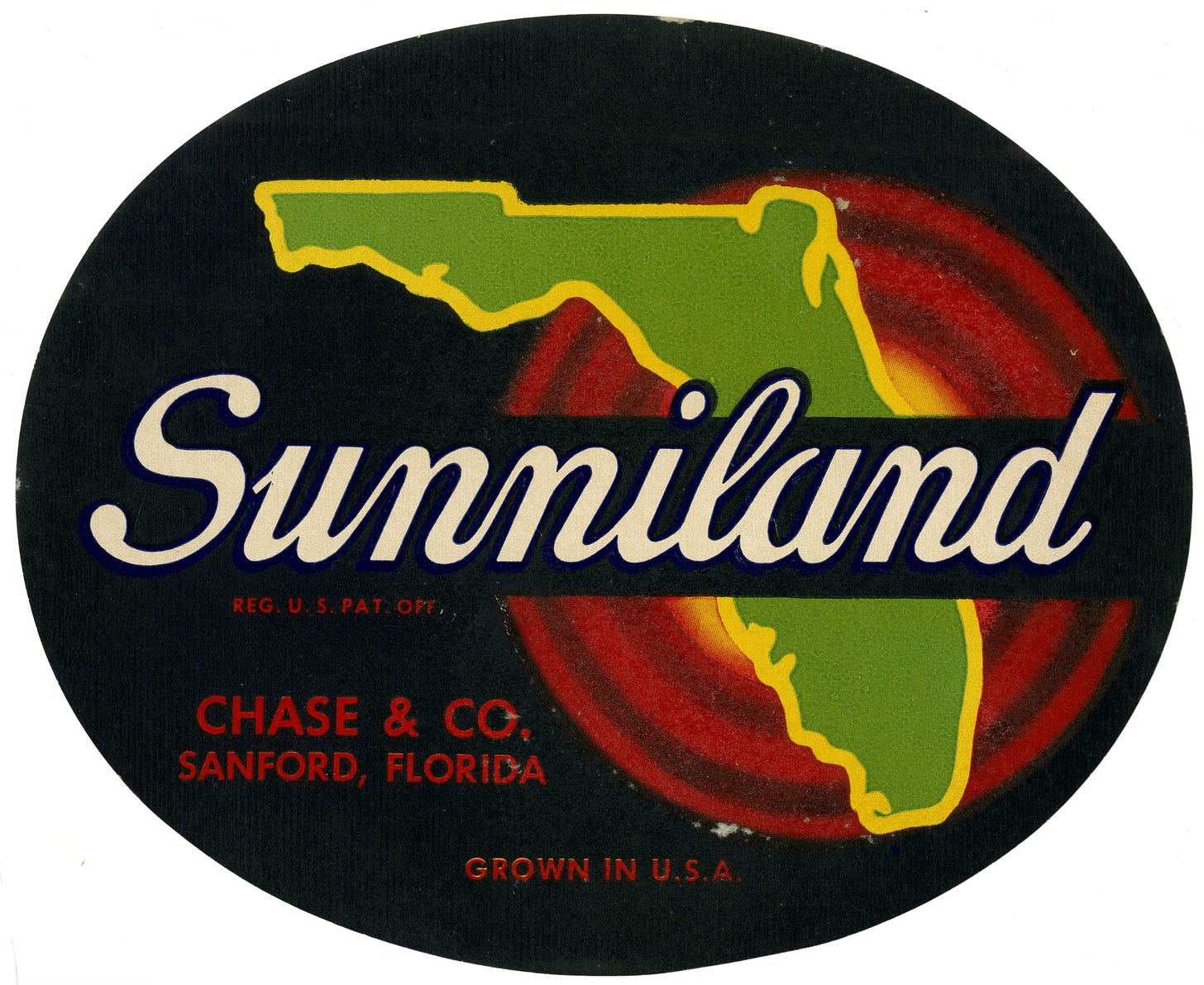 A citrus label with image of Florida map in green and Sunniland written across center.