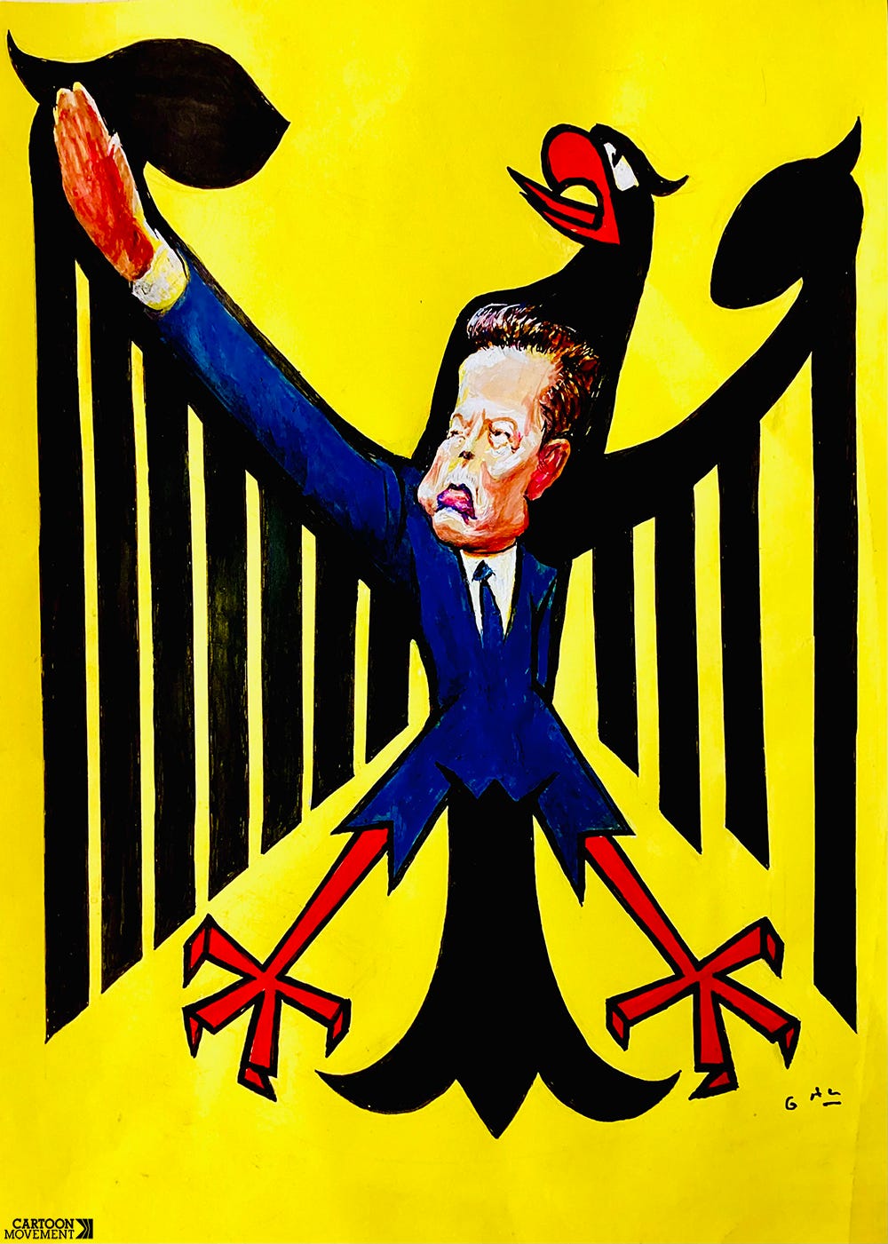 Cartoon showing the eagle of Germany with a caricature of Elon Musk in it, giving a Nazi salute.