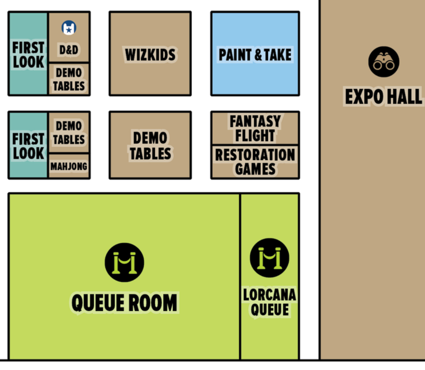 A portion of the map of the PAX Unplugged game convention, where some areas are marked for D&D, Wizkids, First Look, but the Expo Hall does not have individual booths marked. The largest area pictured is the Queue Room, and 20% of the Queue Room is separately marked Lorcana Queue.