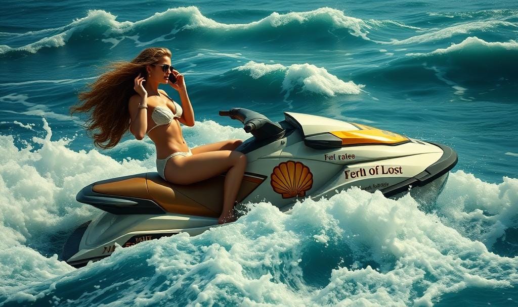 A modern reimagining of Botticelli’s Birth of Venus featuring the goddess arriving by jet ski while talking on her cell phone. 