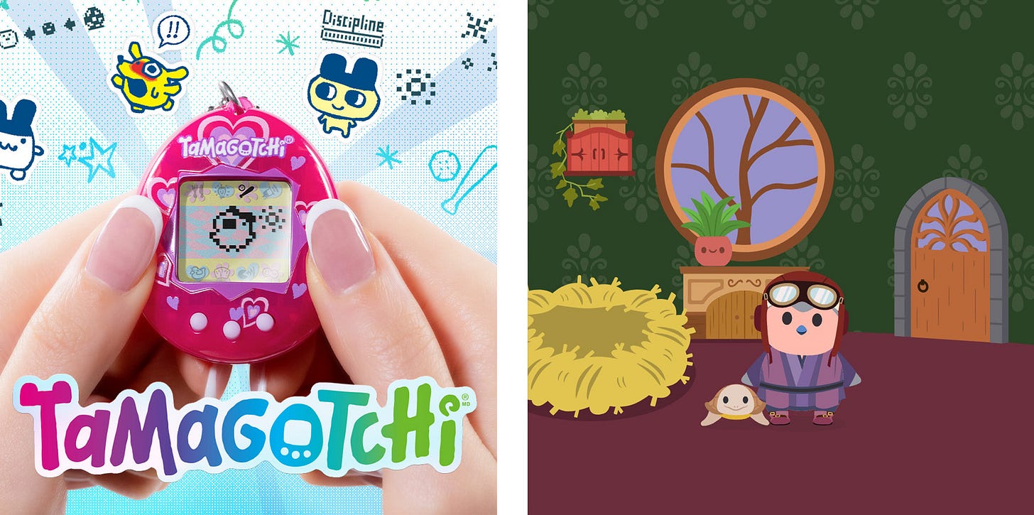 Left: Ad for a Tamagotchi toy. Right: Screencap of Frankie, a penguin-like character, alongside his small turtle friend. He's in his cozy room with a bird's nest, dresser, happy plant and other furnishings.