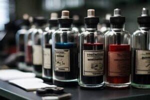 A close-up image of tattoo ink bottles with misleading labels juxtaposed against laboratory equipment, symbolizing the research's investigative nature