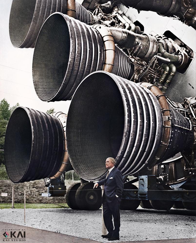 Wernher von Braun with the F-1 engines of the Saturn V rockets. Sorry if  its been posted before - just joined. : r/HumanForScale
