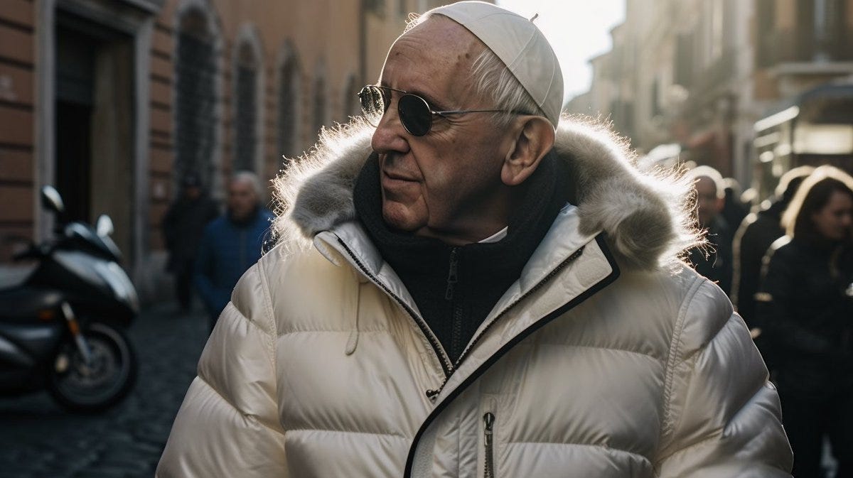 Peter Yang on Twitter: "Here's my Midjourney pope image with this prompt:  "medium-full shot of pope francis wearing puffer jacket, walking on the  street, natural afternoon light, shot on Agfa Vista 200,