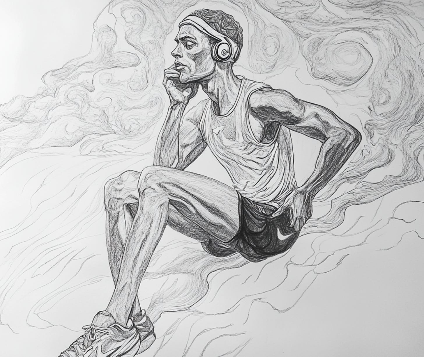 Pencil sketch image of a runner listening to music with headphones.