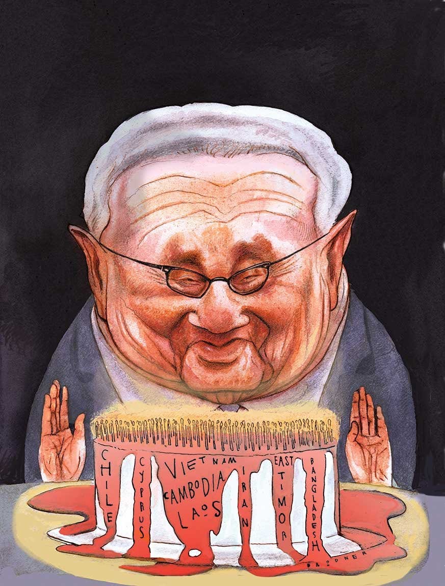 Painting of Henry Kissinger celebrating over a bloody cake