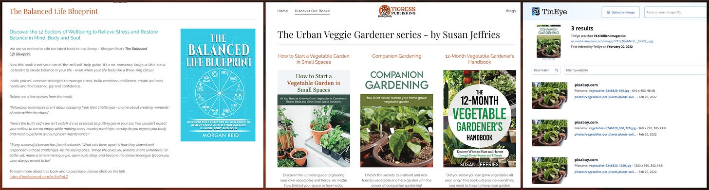 lists of books by "Morgan Reid" and "Susan Jeffries" on the Tigress Publishing website, and a TinEye reverse image search for one of the gardening photos used by "Susan Jeffries"