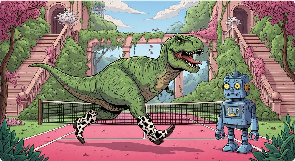 In the style of an epic comic book with cool pop art flair and fun, bold colors, a green Tyrannosaurus Rex in black and white cow-patterned cowboy boots runs through a fantastical pink tennis court overgrown with lush vegetation, while a squat, rounded blue robot with chipped paint and drooping antennae stands melancholically nearby. The green Tyrannosaurus Rex, rendered with thick, dynamic lines and saturated hues, has a light brown belly, a large head with its mouth open revealing its tongue, and a long tail stretched out behind it as it runs with straight legs, its black and white cow-patterned cowboy boots prominent. The robot, its once vibrant blue paint now chipped to reveal grey metal and outlined with bold linework, has large, round eyes reflecting the scene, a delicate oval face with drooping antennae, a small curved mouth in a frown, and clumsy three-fingered hands at the ends of its stubby arms, with a thin yellow wire dangling from its shoulder. They are situated on a vibrant pink tennis court with white lines and a loosely hanging black net, surrounded by dense, emerald green foliage and vines. In the background, ornate pink and cream stone buildings, overgrown with greenery, rise towards a pale blue sky with wispy white clouds, suggesting a peaceful atmosphere. A stone staircase with ornate handrails descends to the left, adorned with blossoming pink flowers and a small white tree, while a similar staircase ascends to the right, framed by a large pink flowering bush. The scene is bathed in soft, warm light, with strategic Ben-Day dots adding highlights, and incorporates geometric shapes and a dynamic composition characteristic of the pop art comic style.