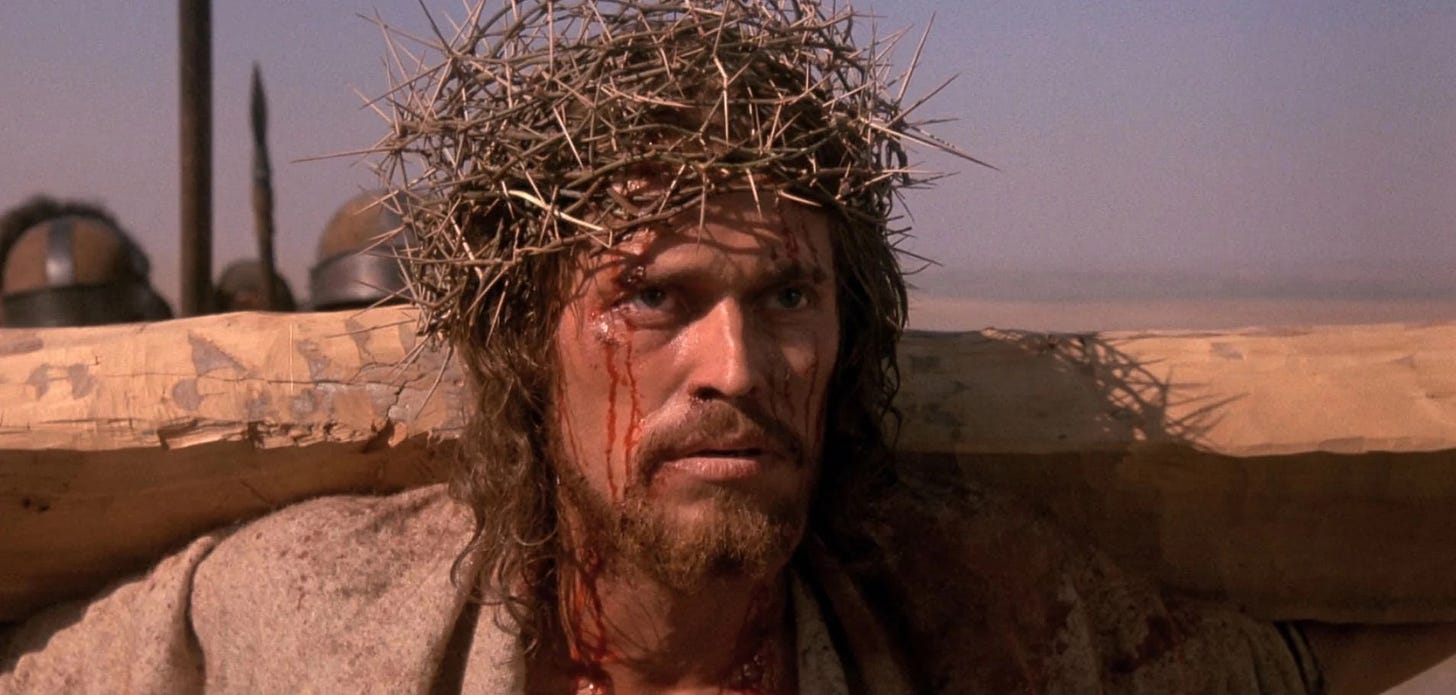 A screenshot from The Last Temptation of Christ showing Jesus with a crown of thorns