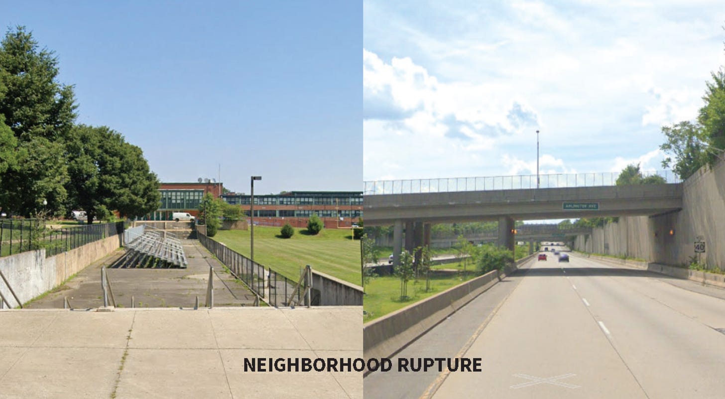 side by side comparison of concrete ruptures in a community: a moat around the school and a sunken highway splitting the neighborhood