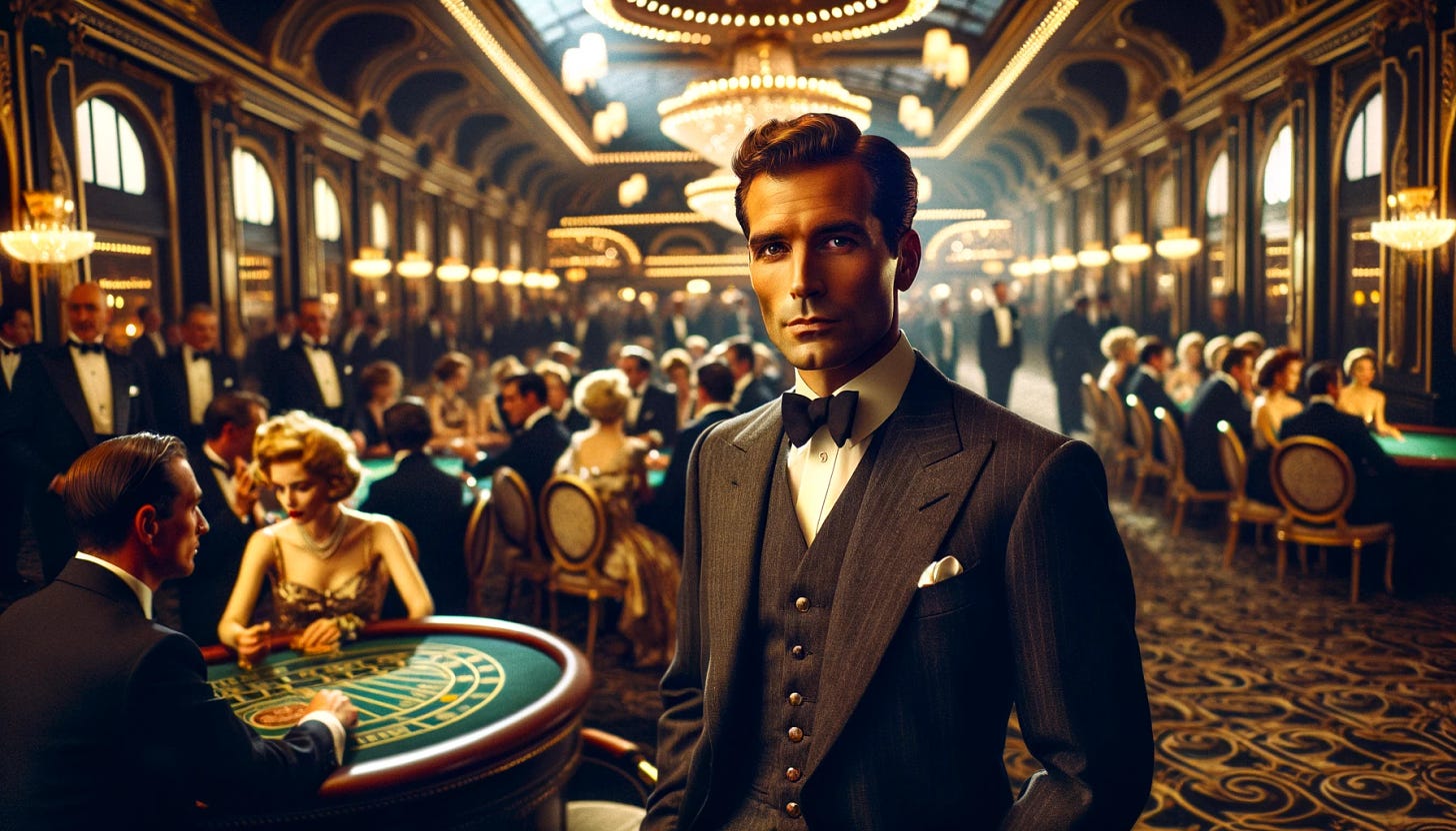 A lavish scene inside a generic casino, reflecting the glamorous ambiance of the mid-20th century. The setting is adorned with ornate decorations and a bustling crowd of elegantly dressed individuals. A debonair, middle-aged Englishman, exceptionally well-dressed in a sharp suit, stands observing the activities around him. He looks handsome and charismatic, with an intriguing air, as if he possesses a mysterious quality. The scene captures the essence of luxury and timeless elegance from a bygone era. Aspect ratio 16:9.