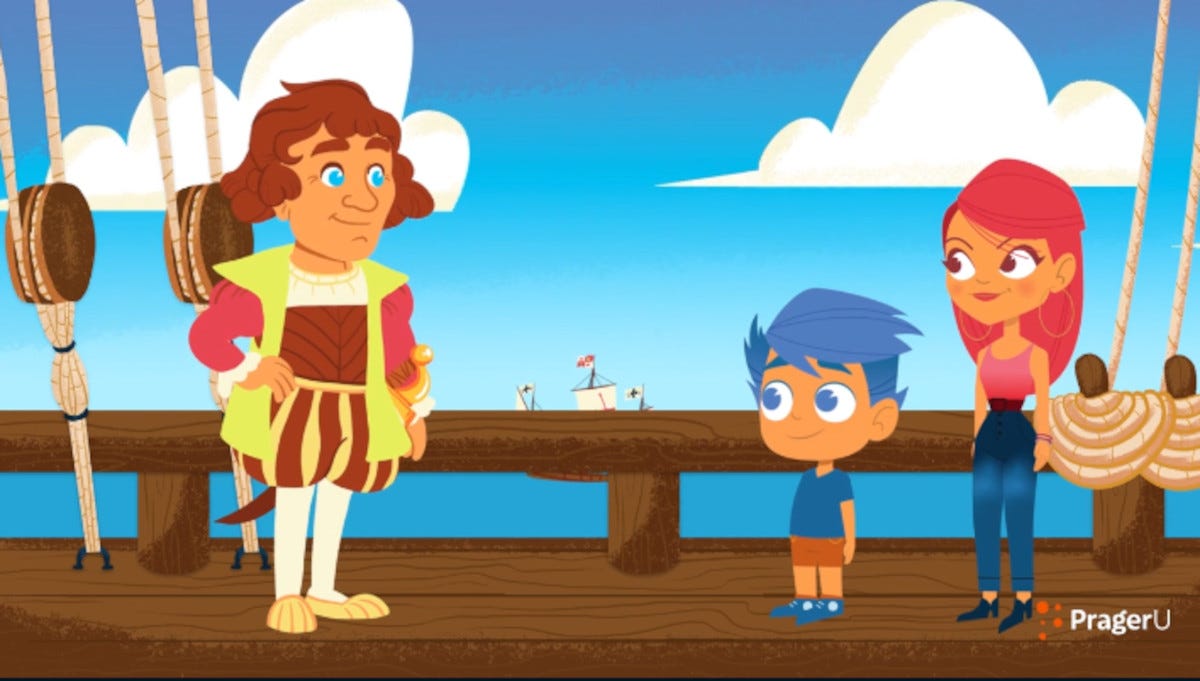 Cartoon image of Columbus with a boy and a girl.