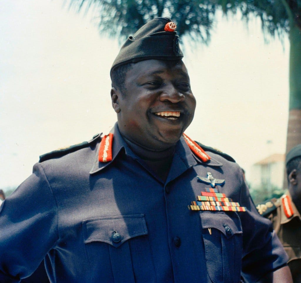 FILE - This undated file photo shows Uganda's then President Idi Amin Dada. Amin, who took power by force in Uganda in 1971 and ruled until he was removed by armed groups of exiles in 1979, died in Saudi Arabia in 2003. His passing was barely acknowledged in Uganda, and some of Amin's supporters over the years have unsuccessfully lobbied for his remains to be returned home, underscoring his tainted legacy. (AP Photo, File)