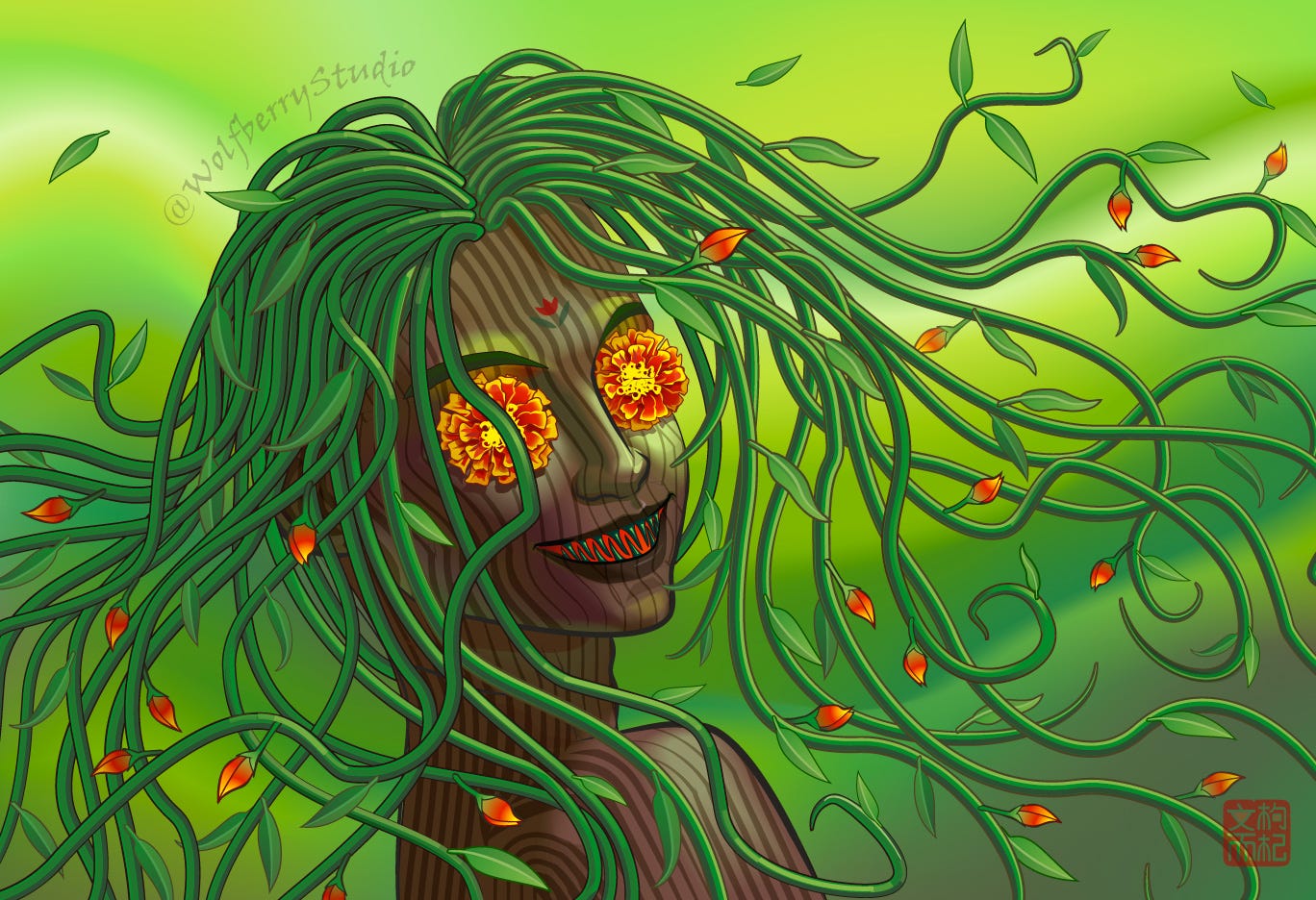 Person with green vines for hair, marigold flowers for ice, thorns for teeth, and wood-grained skin