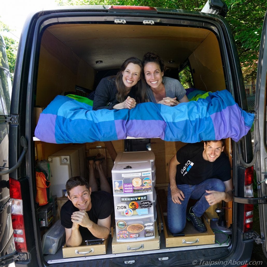 You don't fit into the storage garage of a Sprinter without staying limber. Here we are hanging with our buddies Nikki and Jakob from Sprinter Van Diaries.