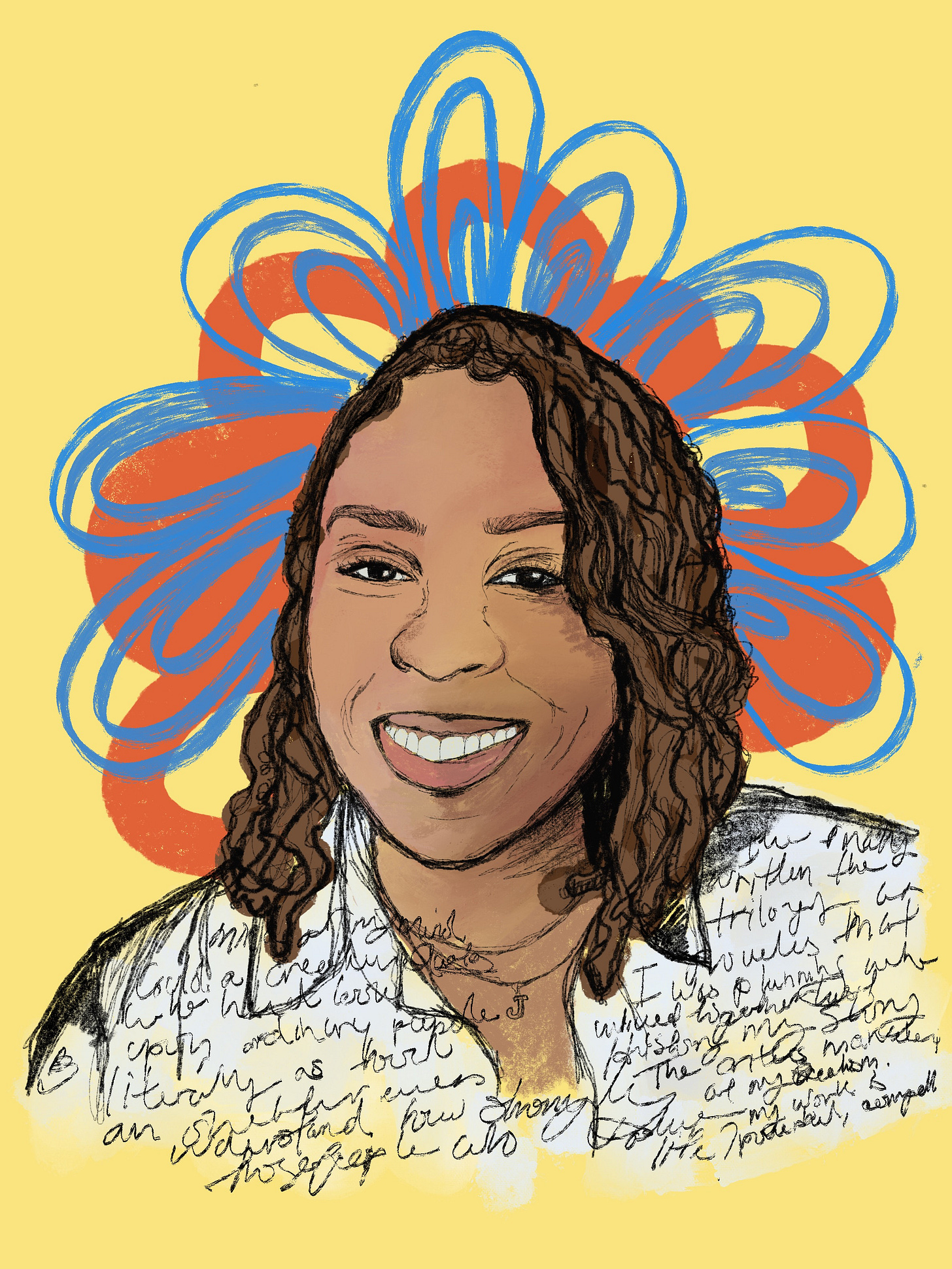 Full-color illustration of the author, a black woman with should-length brown locks and dark brown eyes, wearing a white linen shirt. The image background is canary yellow with large blue and orange flowers centered behind her head.
