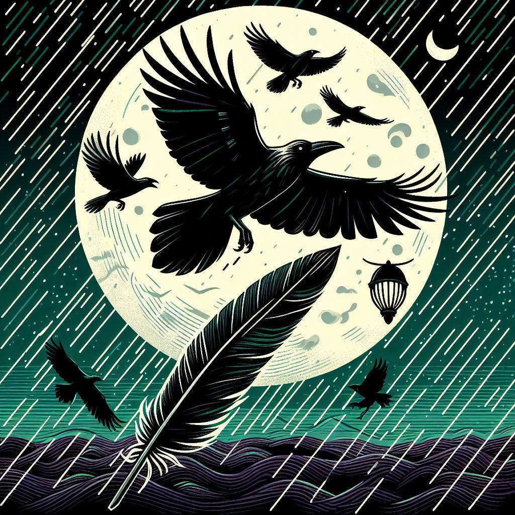crows flying upward, a crow feather in foreground, full moon and rain in background. green and purple color palette in block illustration style
