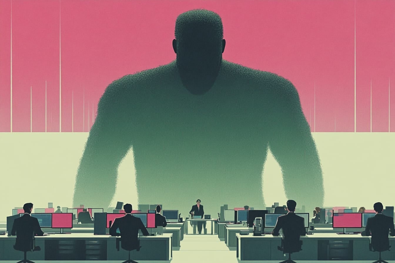 The silhouette of an oversized founder looming over employees at their desks