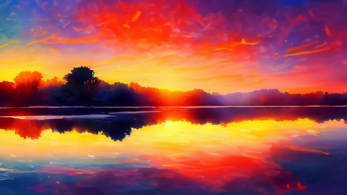 Digital art of a sunrise over a lake. Digital art of a sunrise over a lake.