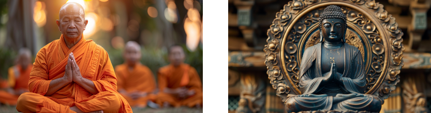 On the left, an elderly Buddhist monk in orange robes meditates outdoors with other monks in the background. On the right, a detailed statue of a seated Buddha with hands in a prayer position, framed by an ornate circular design.